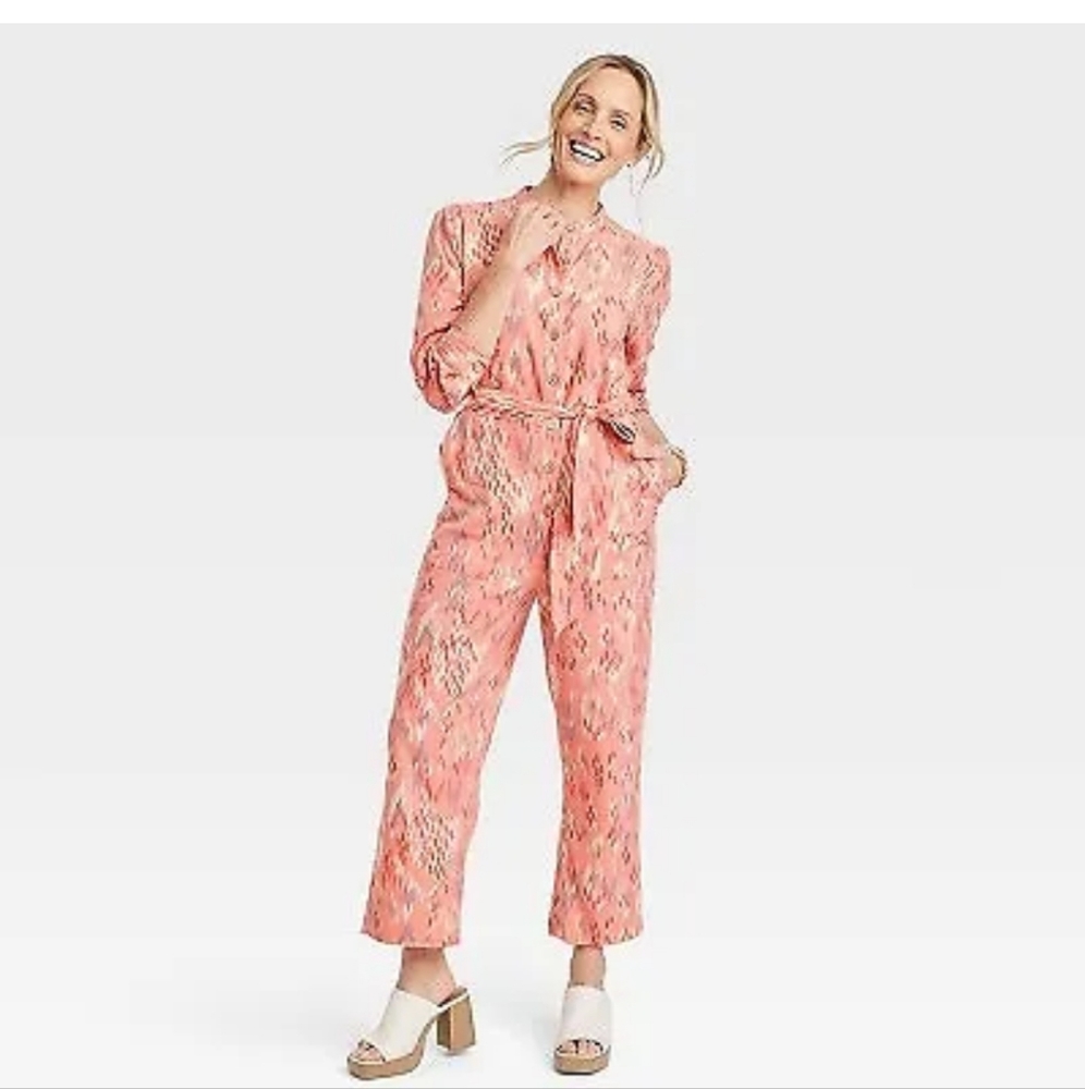 Knox Rose Ikat cropped leg Jumpsuit buttonup